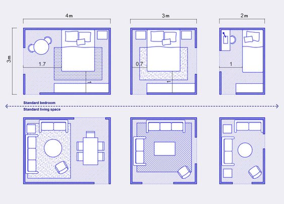 Blueprints of various room layouts showing dimensions for bedrooms and living spaces with different furniture arrangements.