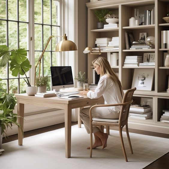 Woman working on a computer in a bright home office with bookshelves, plants, and a desk lamp by a large window.