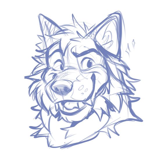 Sketch of a happy cartoon wolf with a playful expression, drawn in blue lines with an animated, friendly style.