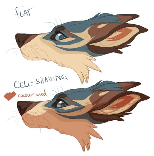 Comparison of flat and cell-shading techniques on a stylized wolf head illustration, showing different color and shading impacts.