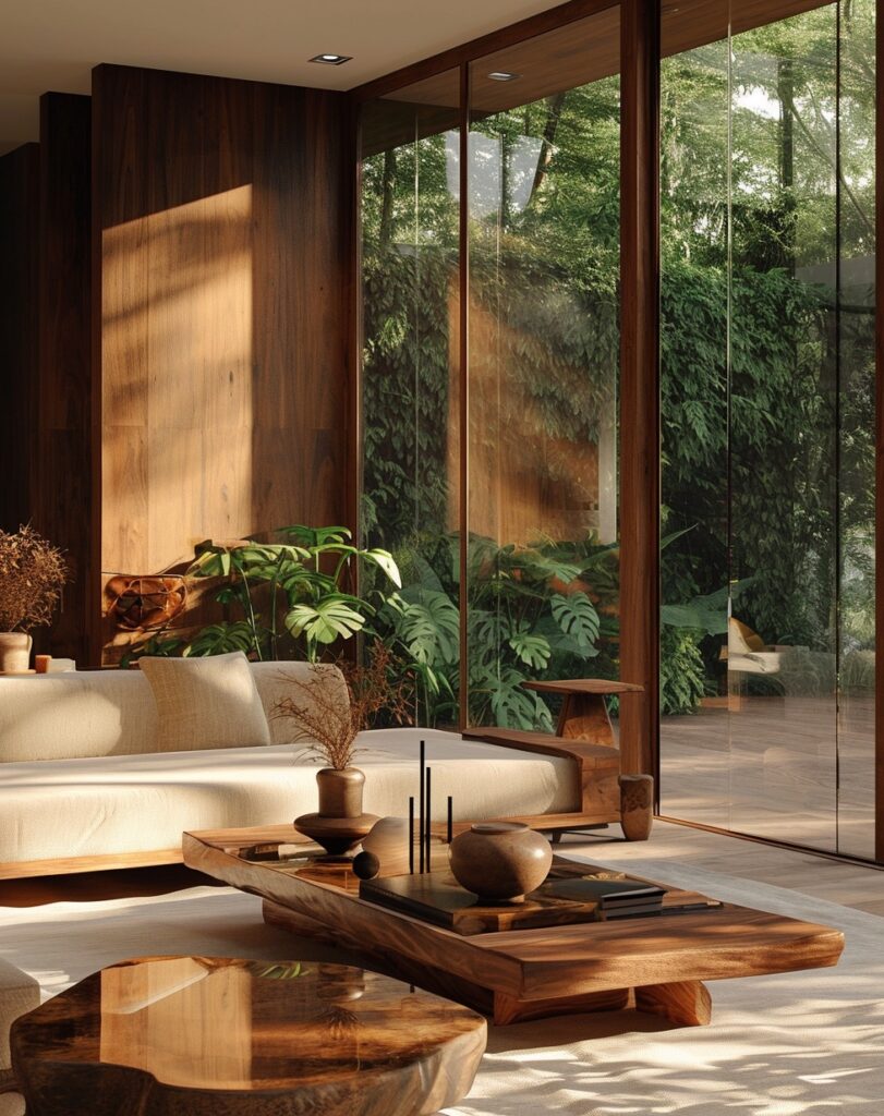 Modern living room with wooden furniture, large windows, lush indoor plants, and natural light creating a serene ambiance.