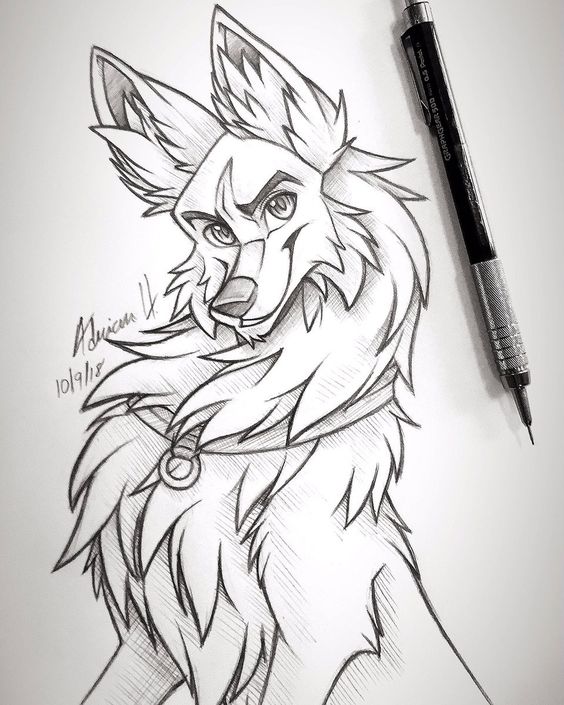 Sketched portrait of a majestic wolf character with detailed fur, wearing a collar symbol. Mechanical pencil beside drawing.