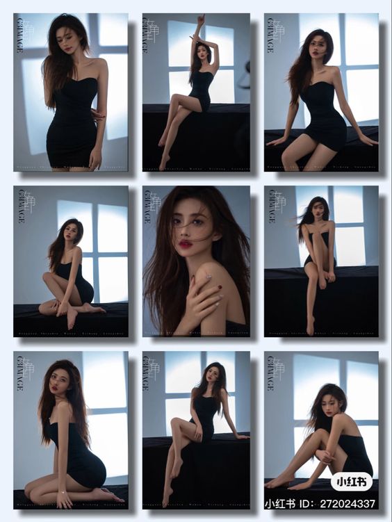 Collage of a woman in a black dress, posing in various artistic and dramatic styles against a window-lit backdrop.