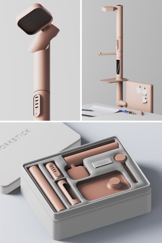 Stylish modular workstick setup in rose gold, includes functional desk stand and neatly packed components in a box.