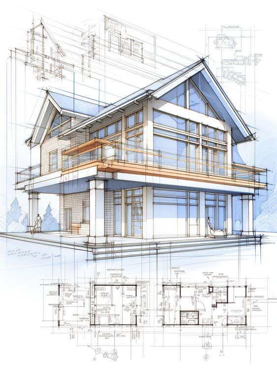 Architectural drawing of a modern two-story house with detailed floor plans and design schematics in the background.