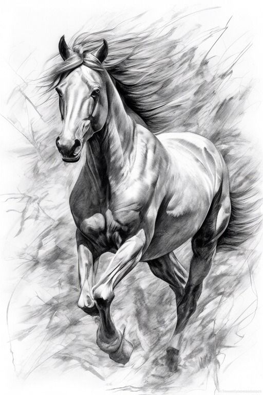 Black and white illustration of a powerful horse running with its mane flowing, showcasing dynamic movement and strength.