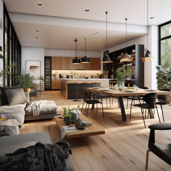 Modern open-concept kitchen and living area with wooden floors, chic furniture, and large windows letting in natural light.