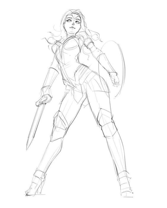 Pencil sketch of a fierce female warrior wielding a sword, wearing detailed armor, and standing in a strong, confident pose.