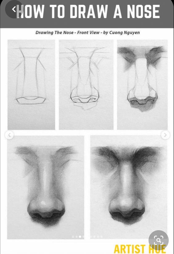 Step-by-step guide on how to draw a nose from the front view, featuring sketches and shading techniques.