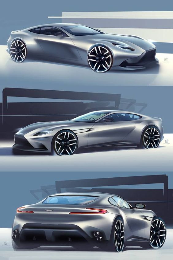 Stylish silver sports car concept sketches showcasing sleek design and modern aesthetics from multiple angles.