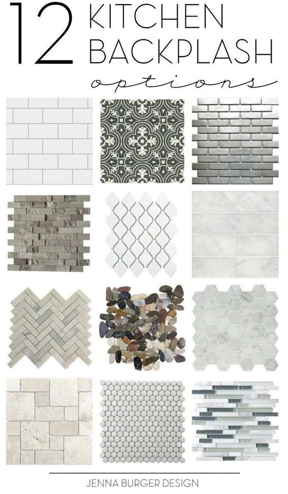 Explore 12 stylish kitchen backsplash options featuring various tile designs, textures, and patterns by Jenna Burger Design.