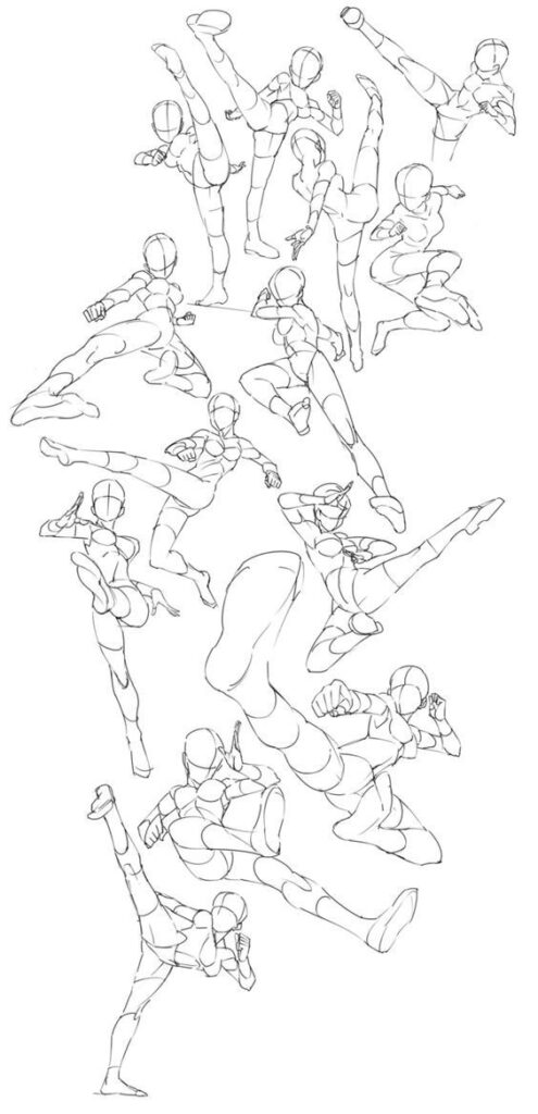 Dynamic martial arts poses, action figure sketches, various kicks and punches, line art, reference for artists.