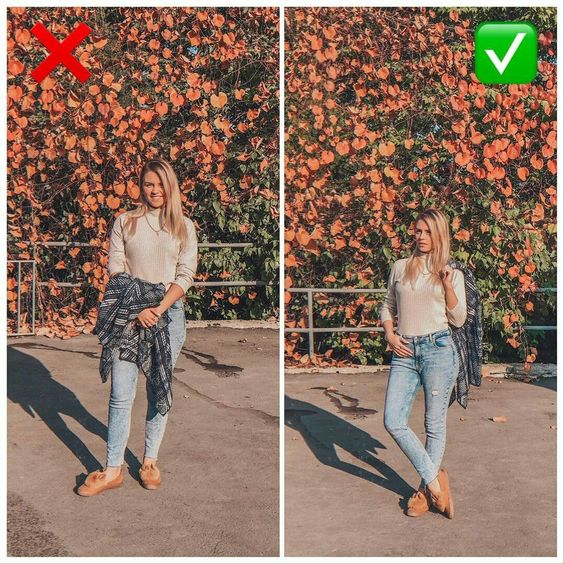 Woman posing in autumn outfit outside, incorrect (left) vs. correct (right) posture improvements for perfect photo.