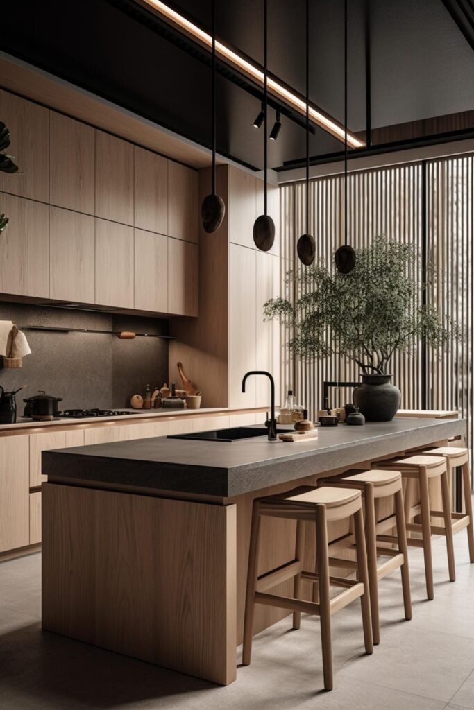 Modern kitchen with wood cabinetry, large island, minimalist decor, pendant lights, and natural lighting through vertical blinds.