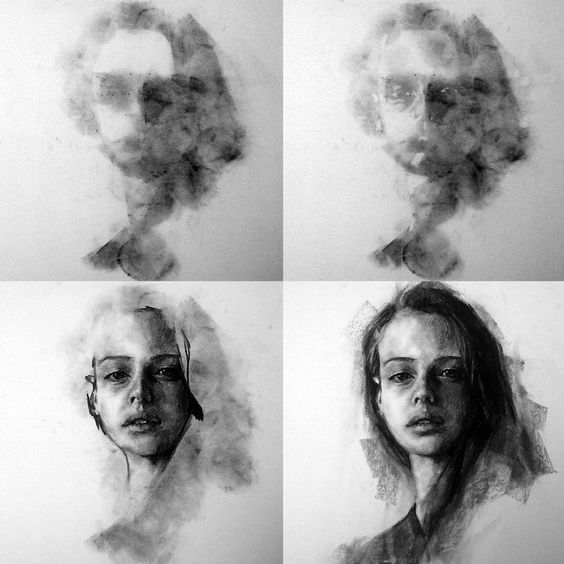 Sequential progression of a portrait sketch, transforming from abstract blurs to a detailed, realistic pencil drawing of a woman.