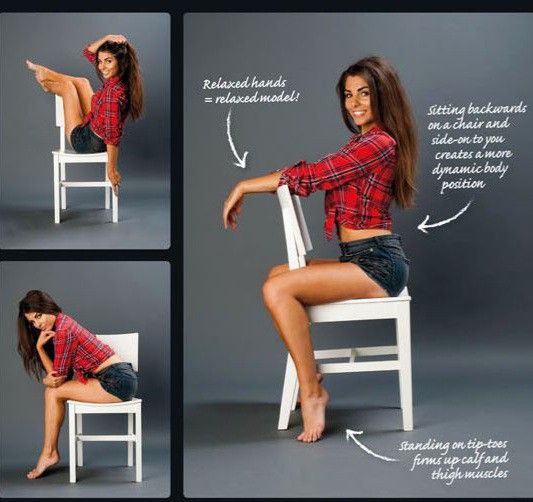 Model in a plaid shirt and denim shorts posing creatively on a white chair, demonstrating dynamic and relaxed positions.