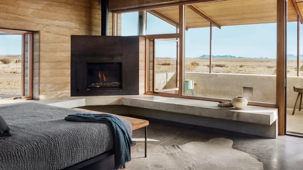 Modern bedroom with panoramic desert views, cozy fireplace, and minimalist stone decor. Natural light floods the room.