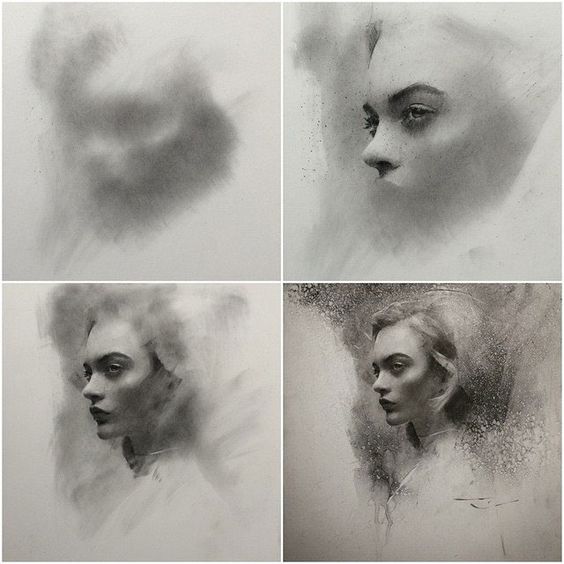 Four grayscale artistic portraits of a woman's face, progressively detailed from abstract to a defined profile.