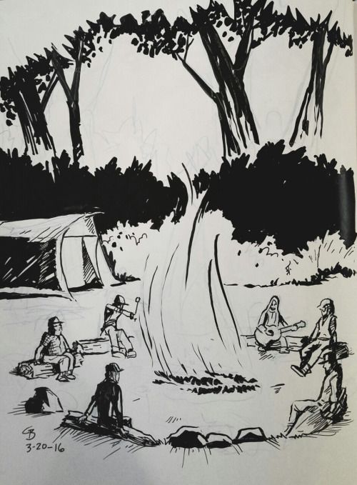 A monochrome drawing of people around a campfire in a forest, with a tent in the background.