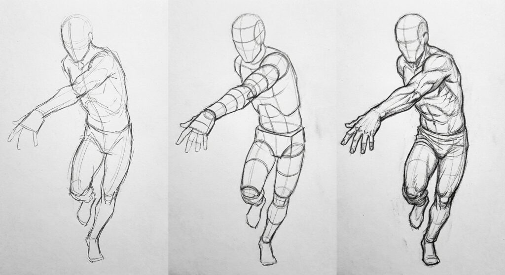 e8f41fde-59e8-446a-9e8e-1d263b05b110 Triptych of figure-drawing sketches showing step-by-step progression from rough gesture to anatomical detail of running pose | Sky Rye Design Triptych of figure-drawing sketches showing step-by-step progression from rough gesture to anatomical detail of running pose