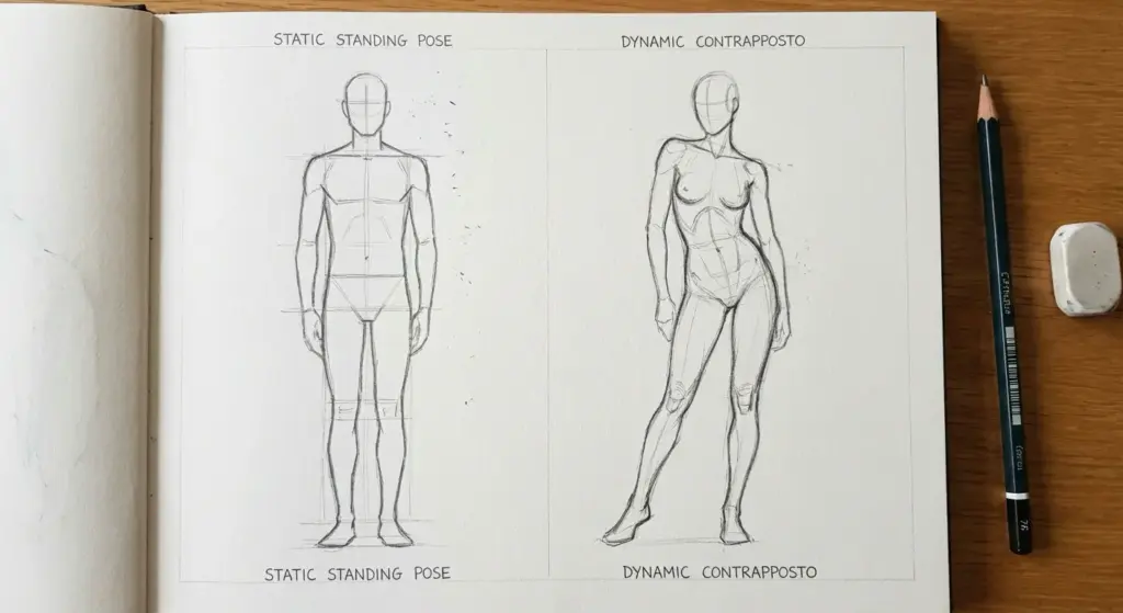 ac68f56c-017d-45ea-a47a-46cdd289f57a Sketchbook spread with pencil figure drawings: left static standing pose, right dynamic contrapposto pose; pencil and eraser. | Sky Rye Design Sketchbook spread with pencil figure drawings: left static standing pose, right dynamic contrapposto pose; pencil and eraser.