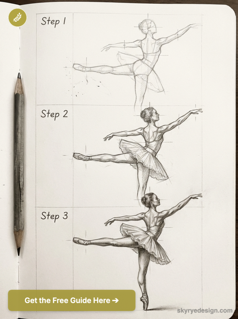 sketch-tutorial - 2026-03-06T175024034 How-to pencil sketch tutorial: step-by-step drawings of a ballerina arabesque in a sketchbook with pencil. | Sky Rye Design How-to pencil sketch tutorial: step-by-step drawings of a ballerina arabesque in a sketchbook with pencil.