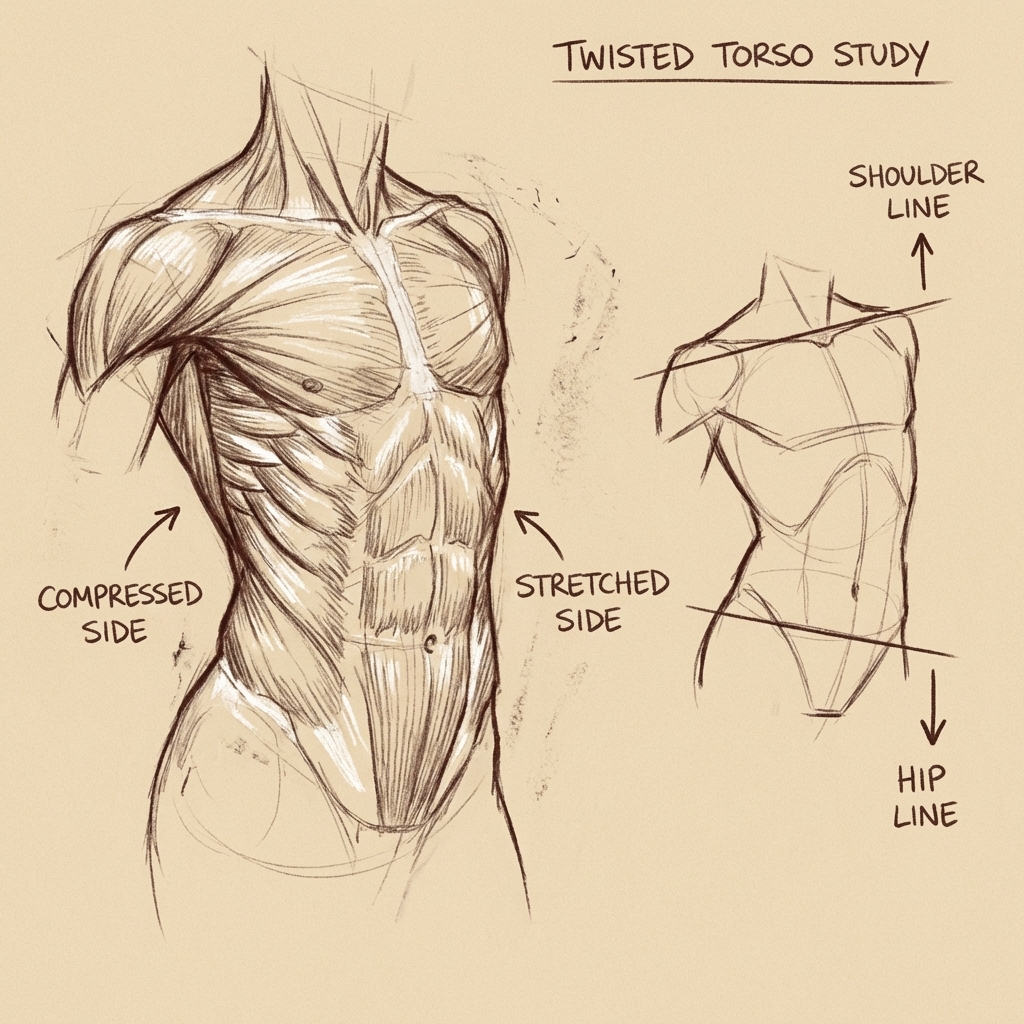 28b48a5c-7aa8-4126-8e95-233fcf67e386 Twisted torso anatomy sketch showing muscle structure, labeled compressed/stretched sides, shoulder and hip lines. | Sky Rye Design Twisted torso anatomy sketch showing muscle structure, labeled compressed/stretched sides, shoulder and hip lines.