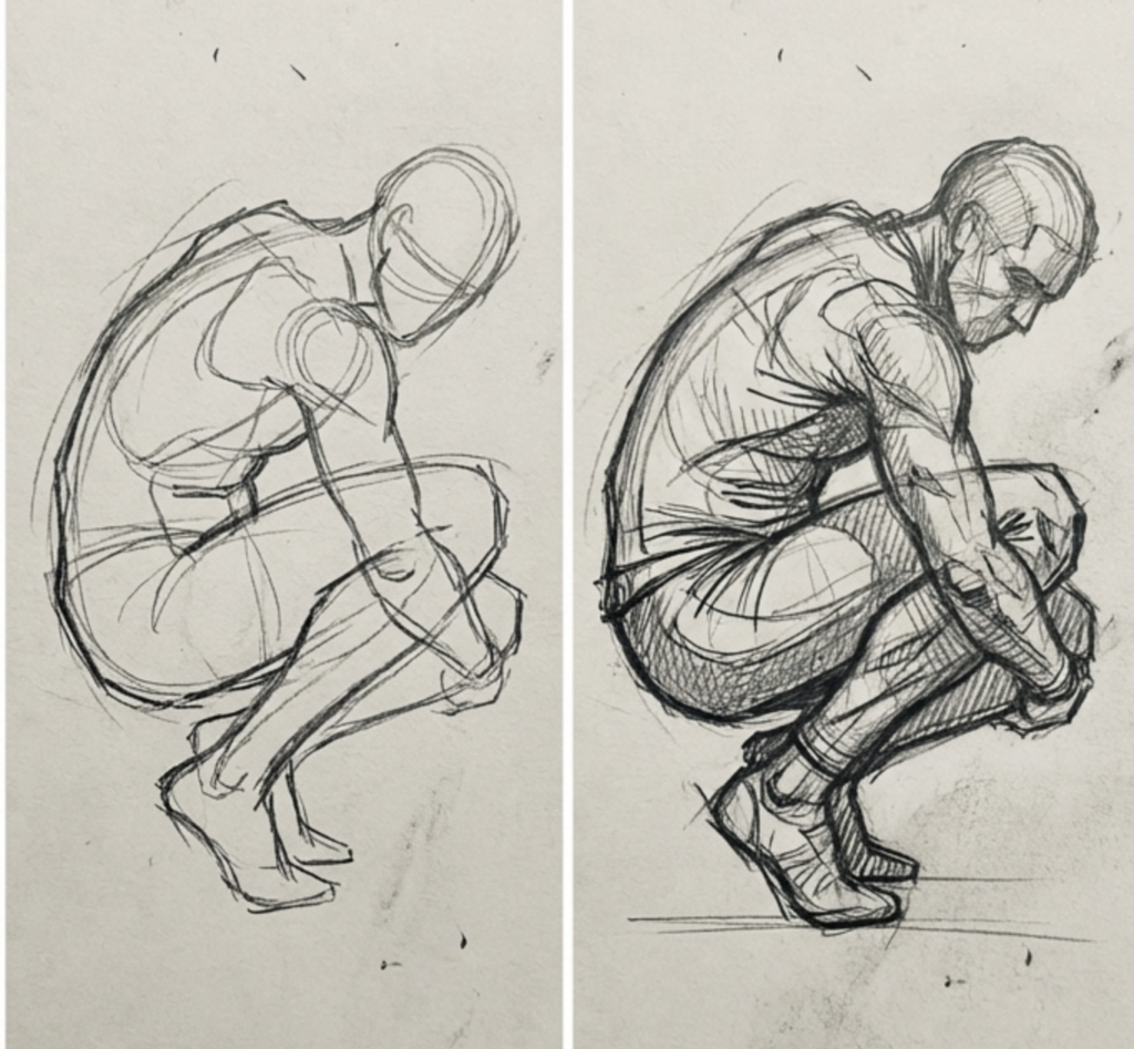 Screenshot 2026-03-06 at 175949 Two-panel pencil figure drawing: left rough gesture, right refined shaded male squatting study showing anatomy and pose. | Sky Rye Design Two-panel pencil figure drawing: left rough gesture, right refined shaded male squatting study showing anatomy and pose.