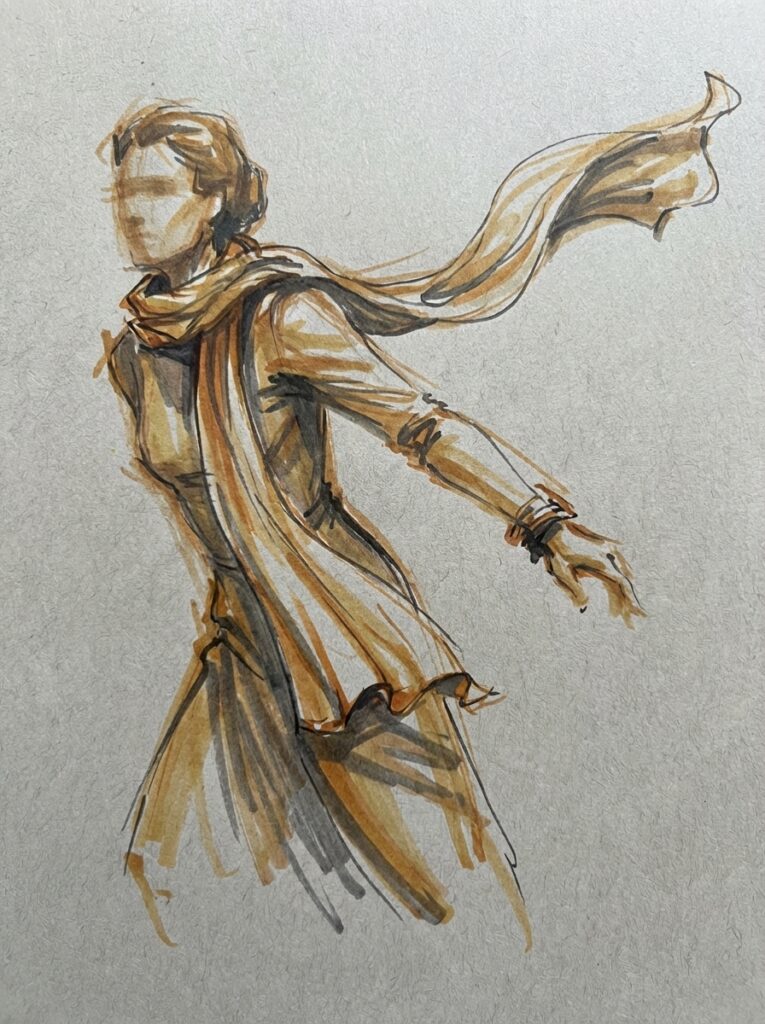 51138d0e-3e58-4bf5-92ab-90c540185867 Fashion illustration: dynamic brown ink watercolor sketch of a faceless figure in long coat and flowing scarf, mid-stride | Sky Rye Design Fashion illustration: dynamic brown ink watercolor sketch of a faceless figure in long coat and flowing scarf, mid-stride