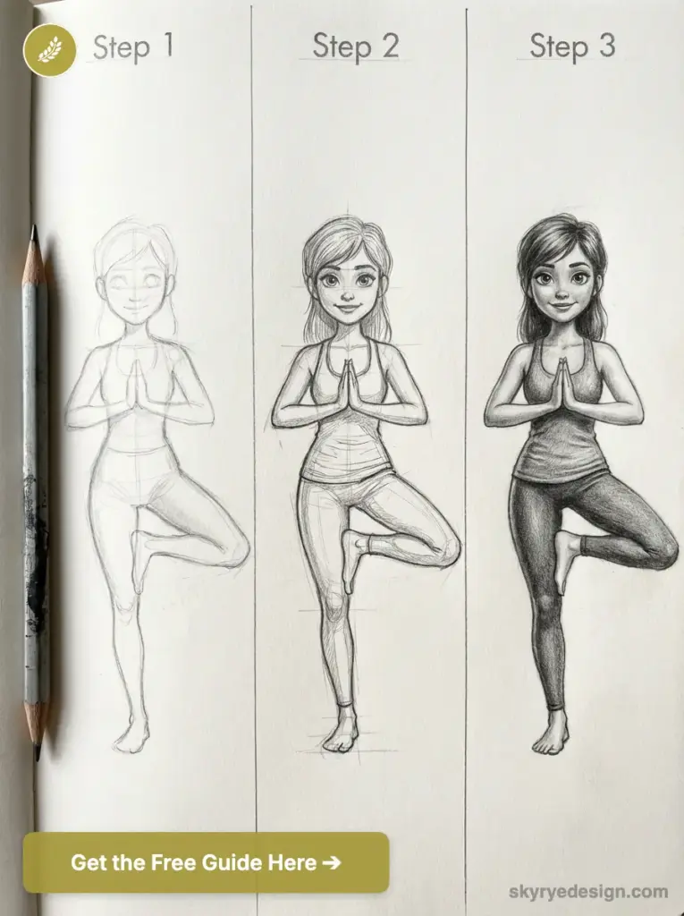 sketch-tutorial - 2026-03-06T181755222 Three-step pencil drawing tutorial of a woman in yoga tree pose, from rough sketch to final shaded illustration | Sky Rye Design Three-step pencil drawing tutorial of a woman in yoga tree pose, from rough sketch to final shaded illustration