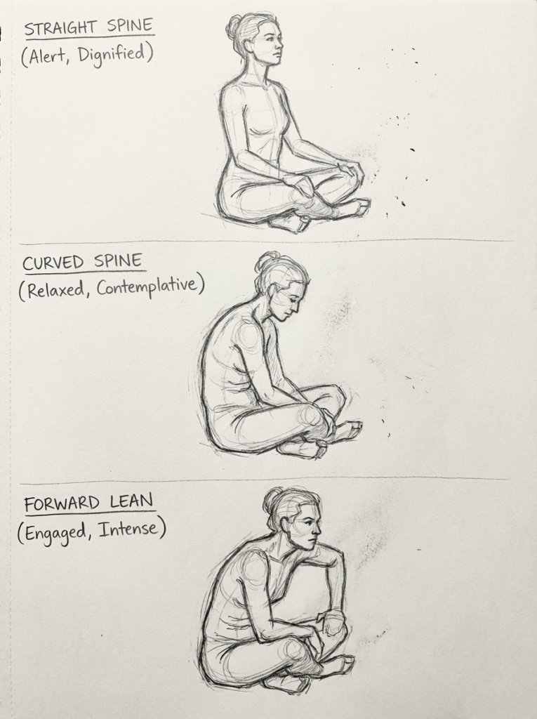 image Pencil sketches of a seated woman in three postures: straight spine, curved spine, and forward lean, with mood labels. | Sky Rye Design Pencil sketches of a seated woman in three postures: straight spine, curved spine, and forward lean, with mood labels.