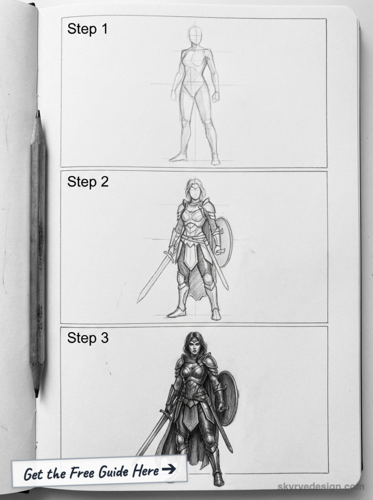 sketch-tutorial - 2026-03-06T181234774 How to draw a female armored warrior: 3-step pencil sketches showing progression to detailed sword-and-shield design. | Sky Rye Design How to draw a female armored warrior: 3-step pencil sketches showing progression to detailed sword-and-shield design.