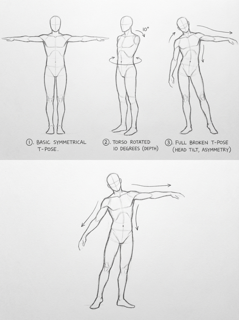 image Figure drawing reference: pencil sketches of T-pose variations, torso rotation and broken poses for male anatomy. | Sky Rye Design Figure drawing reference: pencil sketches of T-pose variations, torso rotation and broken poses for male anatomy.