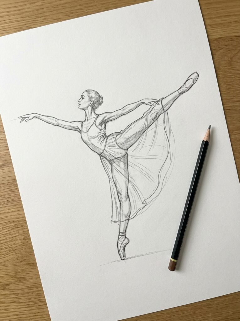 1874fa7e-58c7-4ef8-aad4-21db660a5ff2 Pencil sketch of a ballerina in arabesque on white paper, with a graphite pencil resting on a wooden table | Sky Rye Design Pencil sketch of a ballerina in arabesque on white paper, with a graphite pencil resting on a wooden table