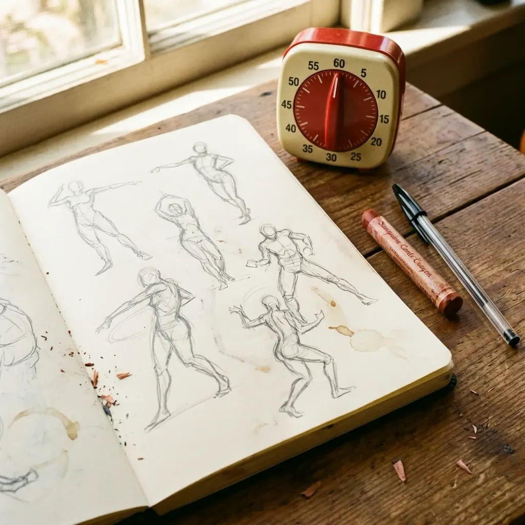 31d43550-63e4-490c-8f7f-e152491594ea Open sketchbook with gesture drawing practice of figures, timer, pen and pencil shavings on wooden desk | Sky Rye Design Open sketchbook with gesture drawing practice of figures, timer, pen and pencil shavings on wooden desk