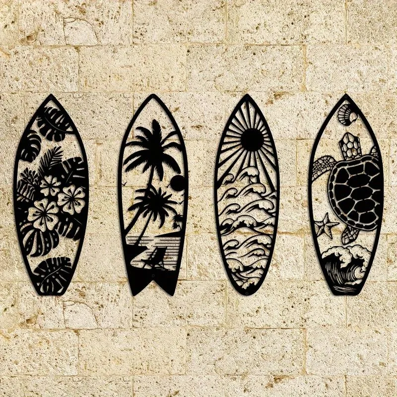 Four surfboard-shaped wall art pieces featuring tropical designs of flowers, palm trees, waves, and a sea turtle against a stone wall.