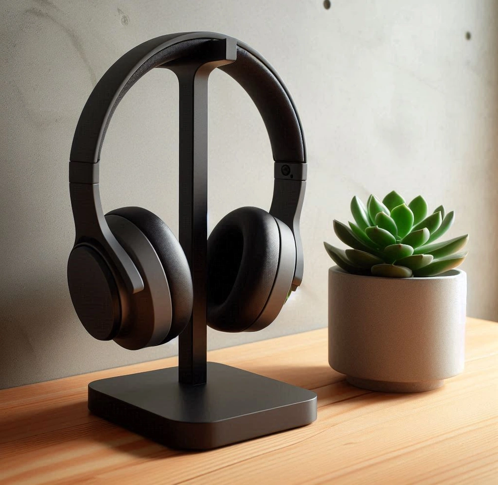 Sleek black headphones on stand next to a small green succulent on a wooden table in a minimalist setting.