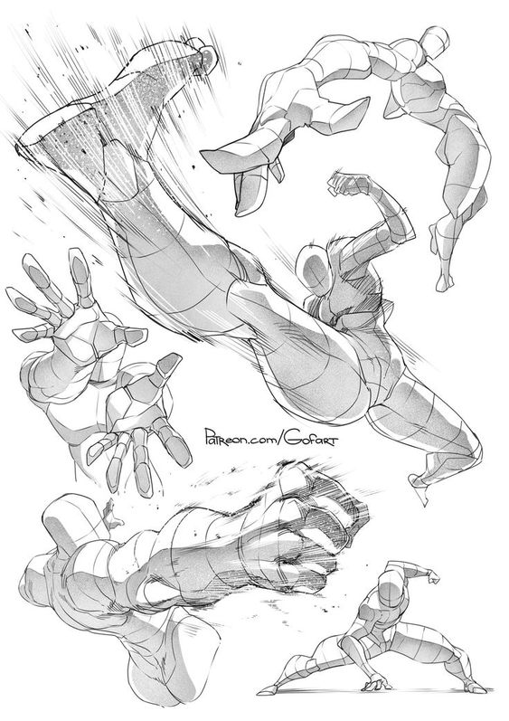 Dynamic action figure sketches in various poses, showcasing dramatic perspectives and movements. Art by Patreon.com/Gofart.