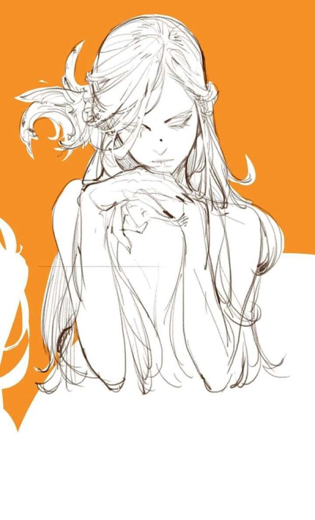 Sketch of a serene woman with long hair and delicate features on an orange background, holding a flower.