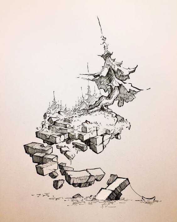 Pen sketch of a floating island with a solitary tree and rocks, showcasing intricate line art and surreal fantasy elements.