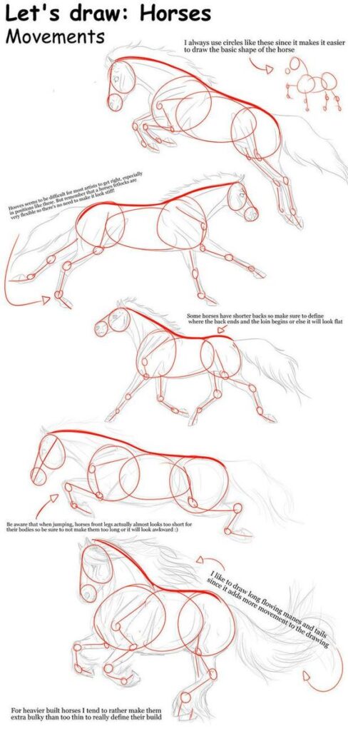 Step-by-step guide for drawing horses in motion using basic shapes and lines to outline their body structure and movements.