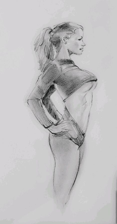 Sketch of a confident woman in profile view, standing with hands on hips and wearing a fitted outfit, showcasing her strength.