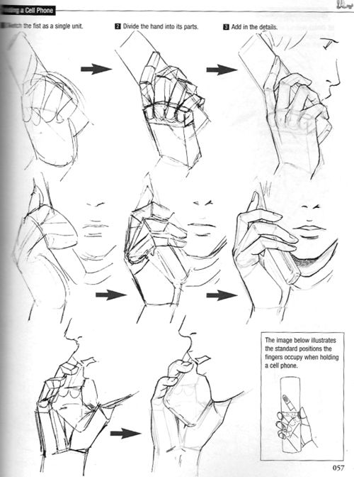 Step-by-step drawing guide for sketching a hand holding a cell phone, including detailed finger positions and angles.