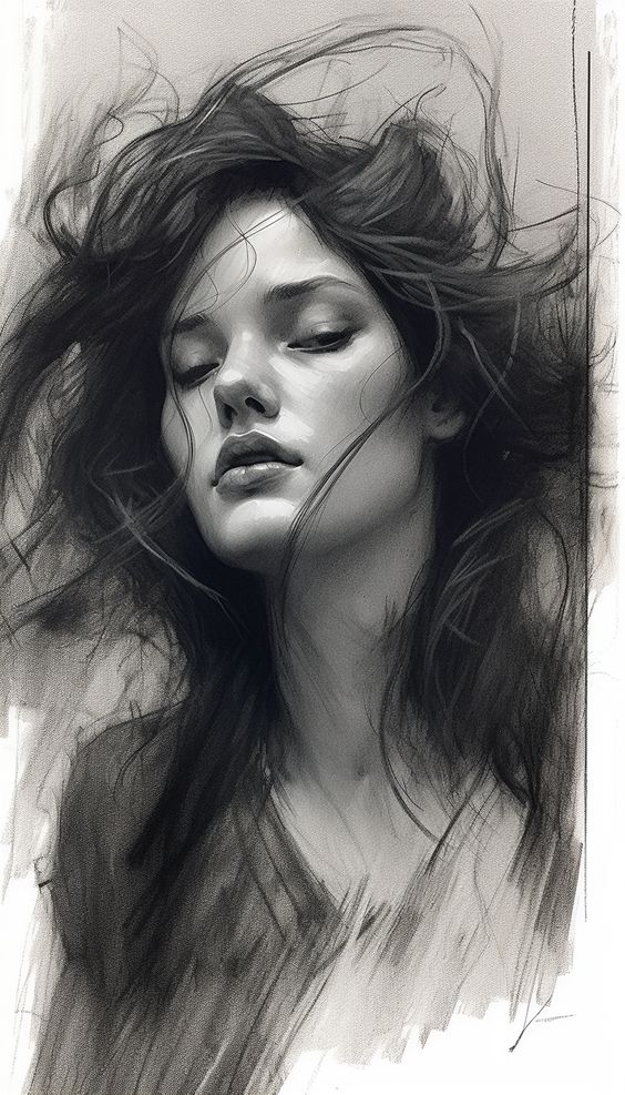Artistic black-and-white sketch of a woman with closed eyes and flowing hair, capturing serene and graceful beauty.