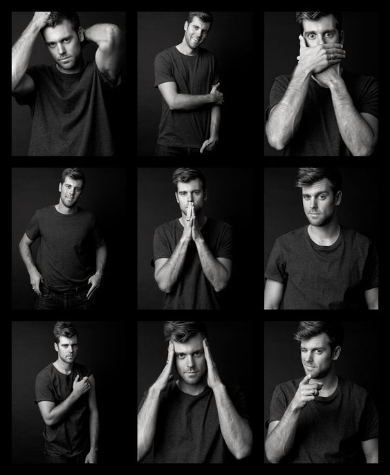 Black and white photo collage of a man making various facial expressions and gestures in a dark shirt against a black background.