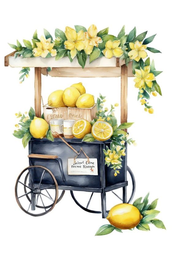 Hand-painted lemon cart with yellow flowers and fresh lemons, creating a vibrant, summery street market scene.