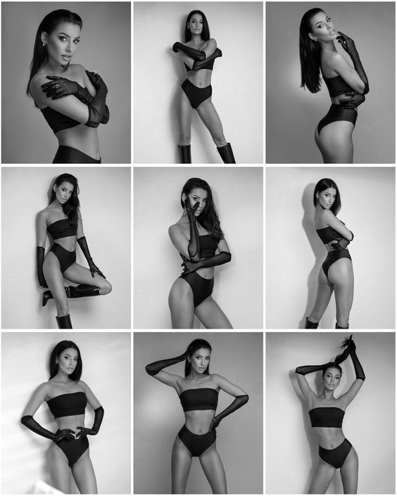 Black and white collage of a woman in lingerie and gloves, striking various poses against a plain backdrop.