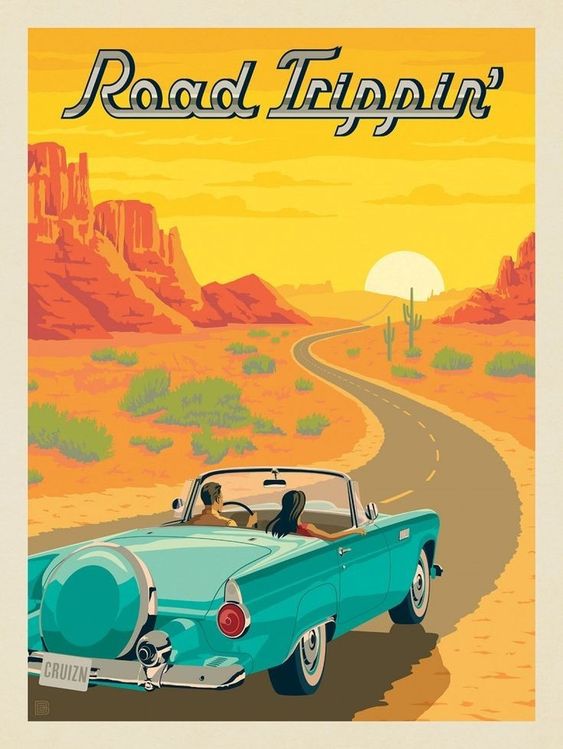 Retro illustration of a couple driving a classic convertible through a desert at sunset with Road Trippin' text above.