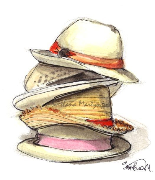 Illustration of stacked summer hats with colorful bands, including straw hats and fedoras, showcasing variety in headwear.