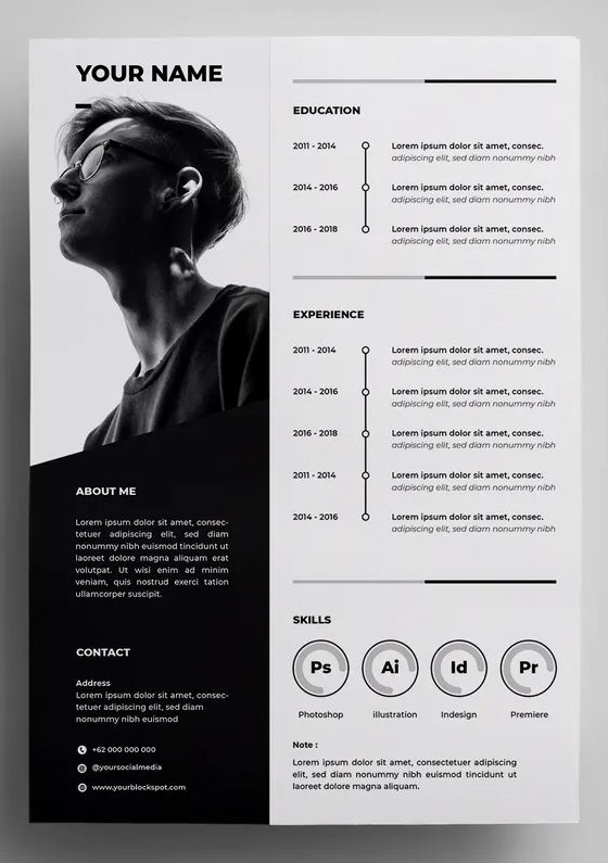 Modern, monochromatic resume template with profile image, education, experience timeline, skills, contact details, and about me section.